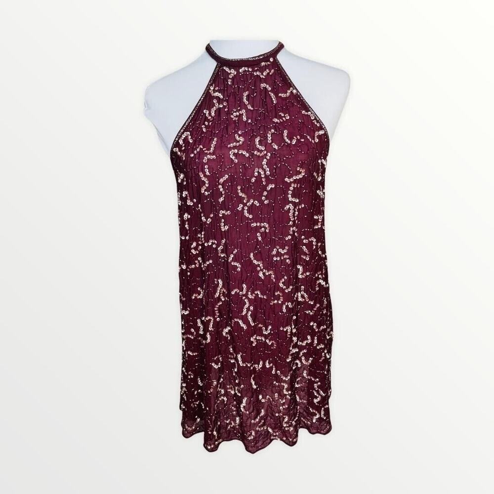 Free People Burgundy Gold Sequin Mini Dress Open Back XS